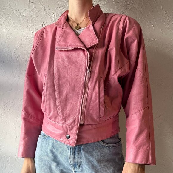 80s 90s "Champion" Pink Genuine Leather Bomber Jacket Size Small - Picture 1 of 3